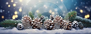 Christmas Decoration Banner - Snowy Pine Cones On Fir Branch With Lights