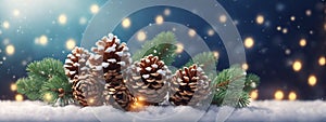 Christmas Decoration Banner - Snowy Pine Cones On Fir Branch With Lights