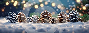 Christmas Decoration Banner - Snowy Pine Cones On Fir Branch With Lights