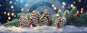 Christmas Decoration Banner - Snowy Pine Cones On Fir Branch With Lights