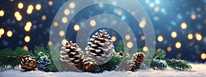 Christmas Decoration Banner - Snowy Pine Cones On Fir Branch With Lights