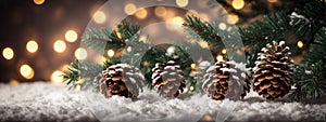 Christmas Decoration Banner - Snowy Pine Cones On Fir Branch With Lights