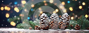 Christmas Decoration Banner - Snowy Pine Cones On Fir Branch With Lights