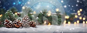 Christmas Decoration Banner - Snowy Pine Cones On Fir Branch With Lights