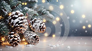 Christmas Decoration Banner - Snowy Pine Cones On Fir Branch With Lights