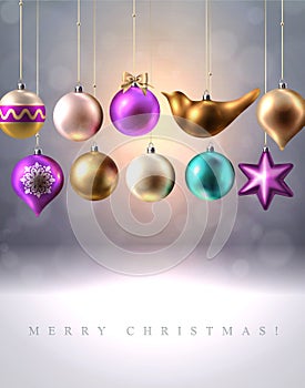 Christmas decoration, baubles, balls, bird and star, vector