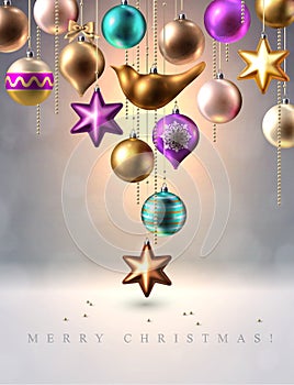 Christmas decoration, baubles, balls, bird and star, vector