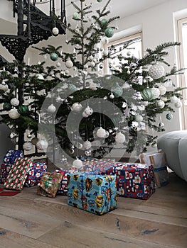 Christmas decoration baubles with branches of fir tree on white background