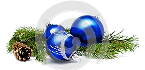 Christmas decoration blue balls with fir cones and fir tree bran