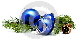 Christmas decoration blue balls with fir cones and fir tree bran