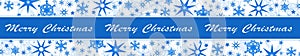 Christmas decoration in blue on long banner - different snowflakes and ice stars on white background - Merry Christmas lettering