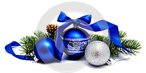 Christmas decoration blue and silver balls with fir cones and fir tree branches isolated