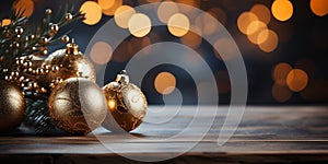 Christmas decoration on blurred golden lights background. Festive banner with gold balls. Copy space