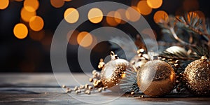 Christmas decoration on blurred golden lights background. Festive banner with gold balls. Copy space