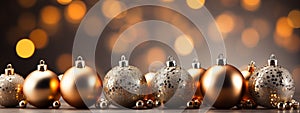 Christmas decoration on blurred golden lights background. Festive banner with gold balls. Copy space