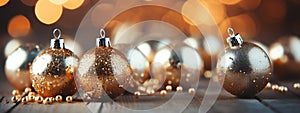 Christmas decoration on blurred golden lights background. Festive banner with gold balls. Copy space