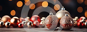 Christmas decoration on blurred lights background. Festive banner with golden red balls. Copy space