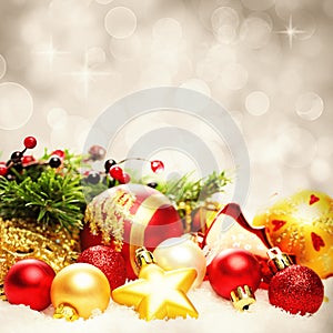 Christmas Decoration Border on Twinkled Snow Bokeh Background