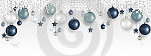 Christmas decoration border with White snowflake, Christmas ball, and Ribbon hanging on transparent background.