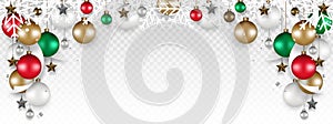 Christmas decoration border with White snowflake, Christmas ball, Stars, and Ribbon hanging on transparent background.