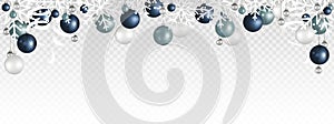 Christmas decoration border with White snowflake, Christmas ball, and Ribbon hanging on transparent background.