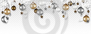 Christmas decoration border with White snowflake, Christmas ball, Stars, and Ribbon hanging on transparent background.