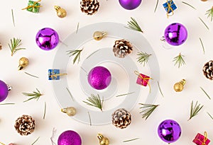 Christmas decoration on bright background. Minimal holiday composition. Flat lay.