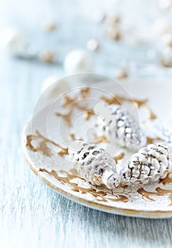 Christmas decoration. Bright wooden background.