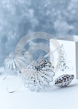 Christmas decoration. Bright wooden background.