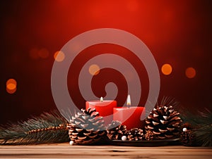 Christmas decoration with burning candles and fir cones on wooden table over red background