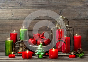 christmas decoration with burning candles. nostalgic home interior photo