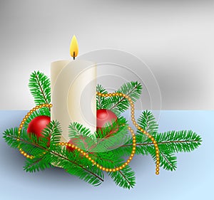 Christmas decoration with candle and pine branches