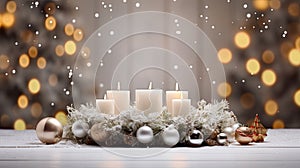 Christmas decoration with candles and baubles on bokeh background