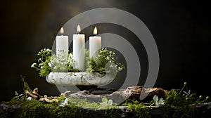 Christmas decoration with candles, moss, winter flowers and wooden snag