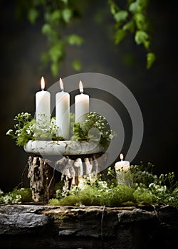 Christmas decoration with candles, moss, winter flowers and wooden snag