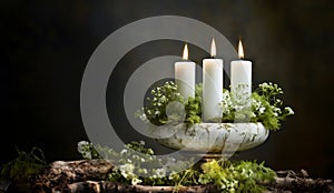 Christmas decoration with candles, moss, winter flowers and wooden snag