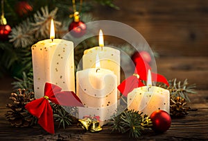 Christmas decoration with candles on the wooden table