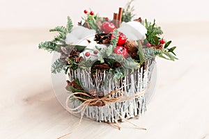 Christmas decoration with carnations, chrysanthemums santini, brunia and fir