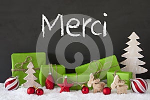Christmas Decoration, Cement, Snow, Merci Means Thank You