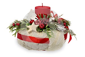 Christmas decoration - christmas composition made from wreath, candles and christmas decorative accessories isolated.