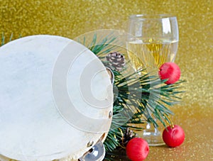 Christmas decoration with colorful balls and tambourine. photo