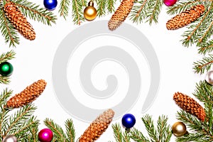 Christmas decoration colorful frame with fir tree branches on white background