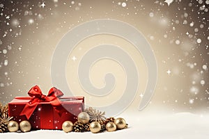 Christmas decoration composition on light glowing background with red gift box, golden Christmas tree decorations and pine cones