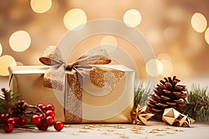 Christmas Decoration Composition On Light Gold Background, Featuring Golden Gift Box With Red Ribbon