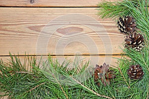 Christmas decoration composition on wooden background