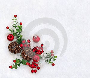 Christmas decoration. Cones pine, twigs christmas tree, red berries and apples on snow with space for text. Top view, flat lay