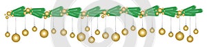 Christmas decoration, decorative strip with balls and branches of Christmas tree. Christmas balls hanging on Christmas tree branch