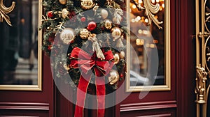 Christmas decoration details on English styled luxury high street city store door or shopping window display, holiday