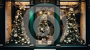 Christmas decoration details on English styled luxury high street city store door or shopping window display, holiday