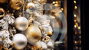 Christmas decoration details on English styled luxury high street city store door or shopping window display, holiday